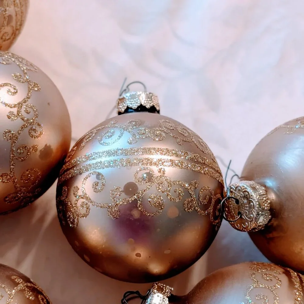VTG Lot of 14 Rauch Glass Ornaments Champagne Gold Scroll Medium USA Christmas - Picture 4 of 8